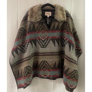 Forever 21 Contemporary Southwestern Tribal Poncho Faux Fur Collar Brown Large